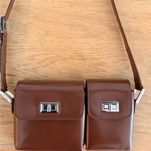 Brown Double-Pouch Shoulder Bag with Silver Hardware